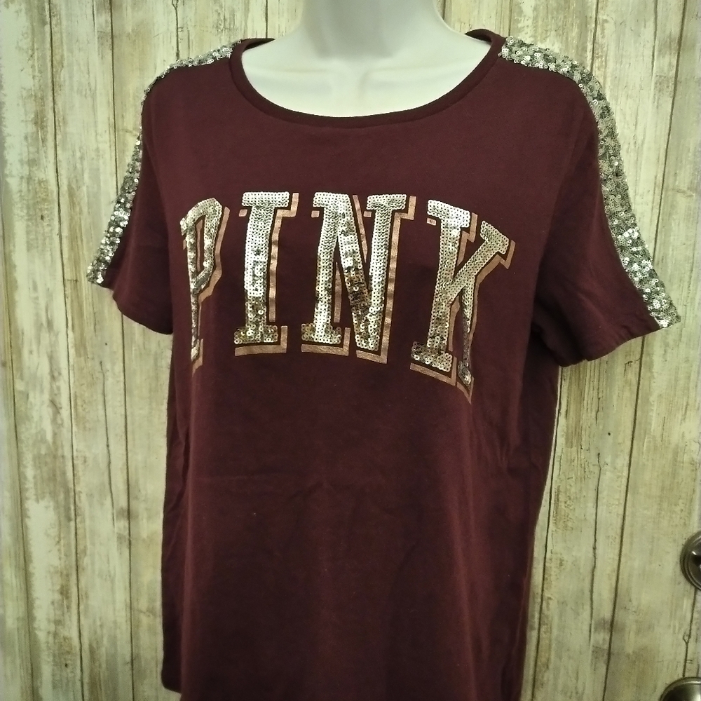 VICTORIA'S SECRET PINK VTG Y2K SILVER BLING MAROON MEDIUM TOP SHIRT